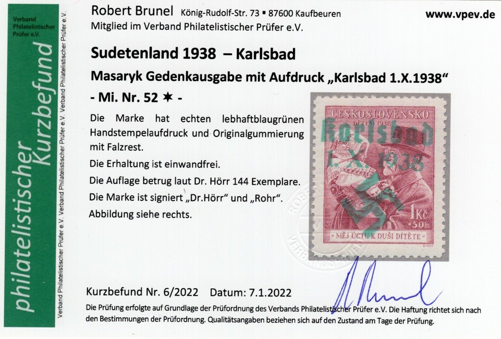 GERMANY OCCUPATION SUDETENLAND KARLSBAD MICHEL 52 PERFECT MH CERT BRUNEL