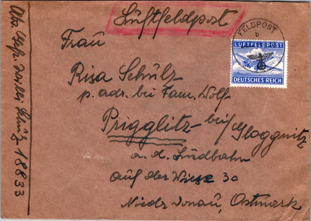 GERMANY 1940’S WWII OFFICIAL MILITARY FELDPOST ADDR PRIGGLITZ & POSTMARK