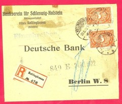 Germany Reich Numeral 2 X 5 Mark used on Registered Adv cover 1922