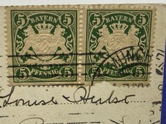 1908 Germany Bayern Munich Festsaal Postcard to San Francisco, CA stamp error ?