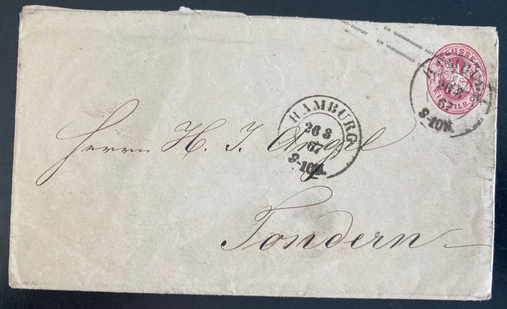 1867 Hamburg Germany Vintage Postal Stationery Cover To Tønder Denmark