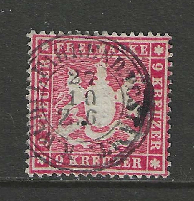 1860 German States WURTTEMBERG 9 Kreuzer Cote of Arms used, signed $ 232.00