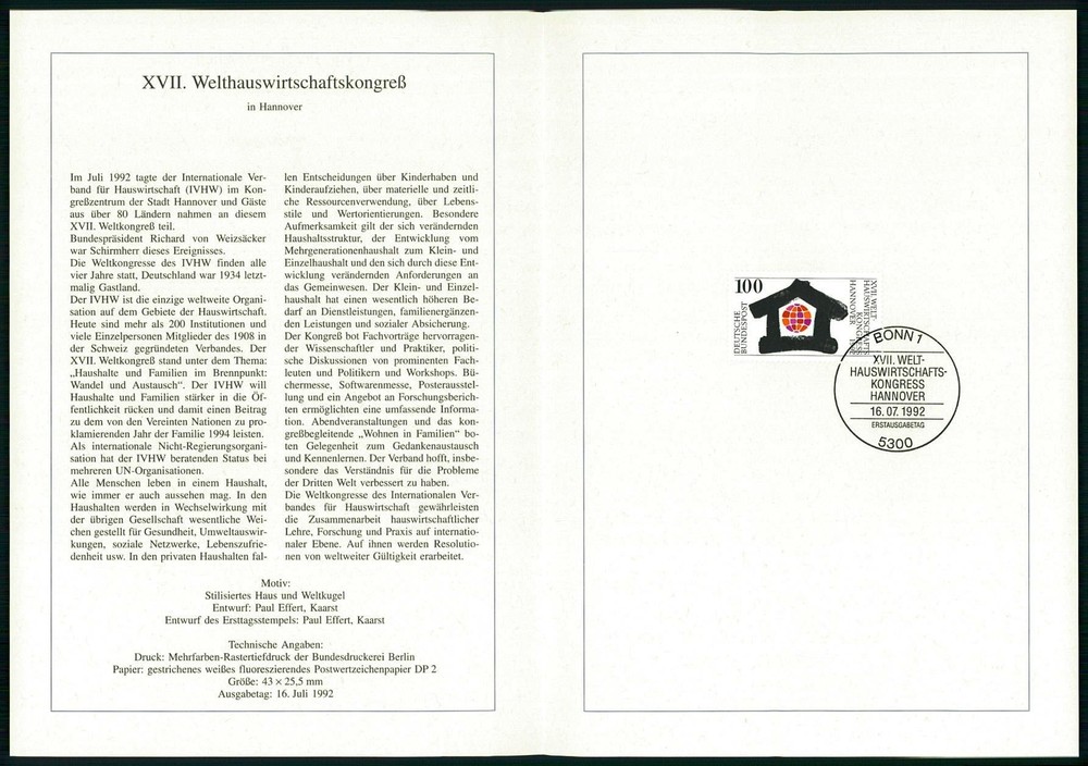 GERMANY FOLDER 1992/26 XVII. WELTWIRTSCHAFTS-KONGRESS HANNOVER