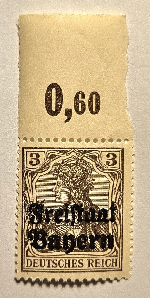 Deutches Reich VINTAGE 1919 Bavaria Overprint, 3 Pf. MINT Single Stamp, w/#tab!