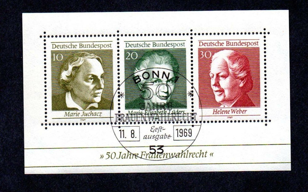 WEST GERMANY USED 1969 MS1499 FIFTY YEARS OF GERMAN WOMEN’S SUFFRAGE BONN CANCEL