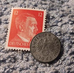 1942 German penny ~ 1 Pfenning ~ km#97 , WW2 Germany ~ + Red 12pf. Stamp