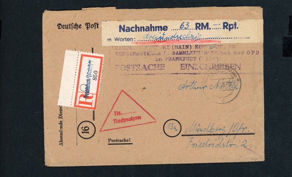 Allied occupation postal item cash on delivery registered letter Frankfurt 19…