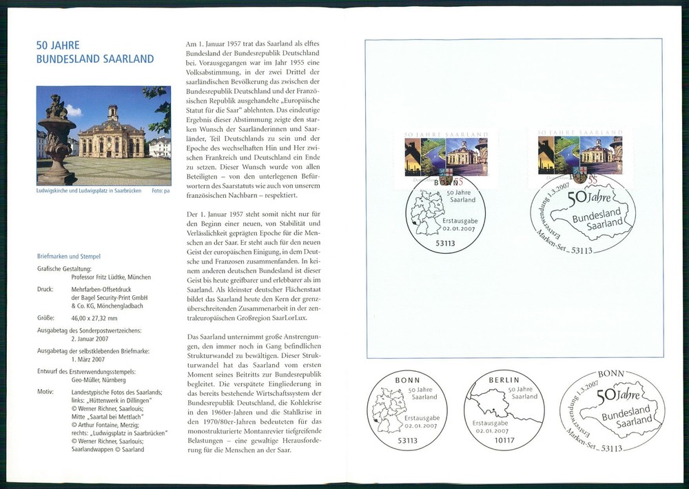 GERMANY FOLDER 2007/04 50 JAHRE BUNDESLAND SAARLAND SAARSCHLEIFE METTLACH