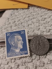 1942 German penny ~ 1 Pfenning ~ km#97 , WW2 Germany ~ + blue Stamp