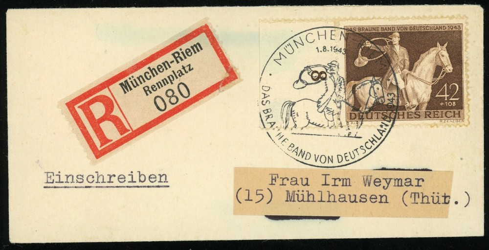 Germany Munich Registered Mini Cover #854 Brown Ribbon Race Postage 1943 WWII