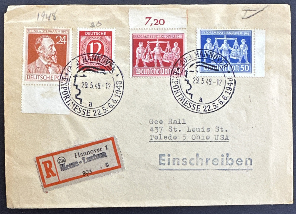 Germany 1948 Sc# 538, 578, 584-585 Registered Cover Hannover to Toledo