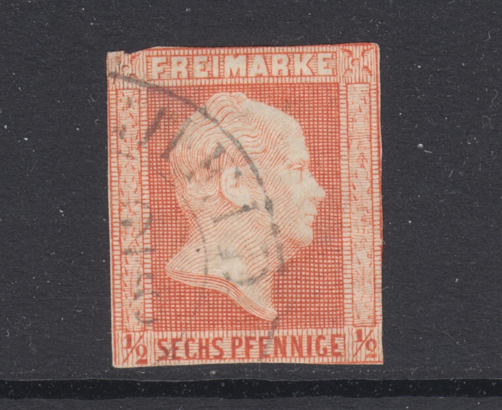 Prussia Sc 2 used. 1850 6pf (½sg) red orange imperf, tight to no margins, Fine