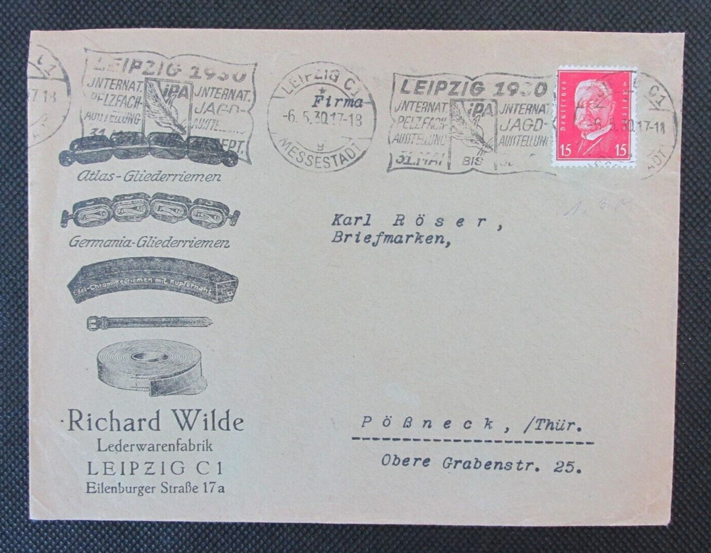 1930 Advertising Cover Leipzig to Briefmarken Richard Wilde Lederwarenfabrik