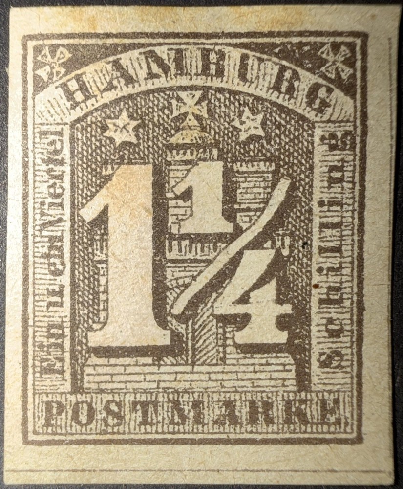 German states, Hamburg stamp 1864 SG15 1 1/4s grey, MLH, 4 margin, SG Cat £140