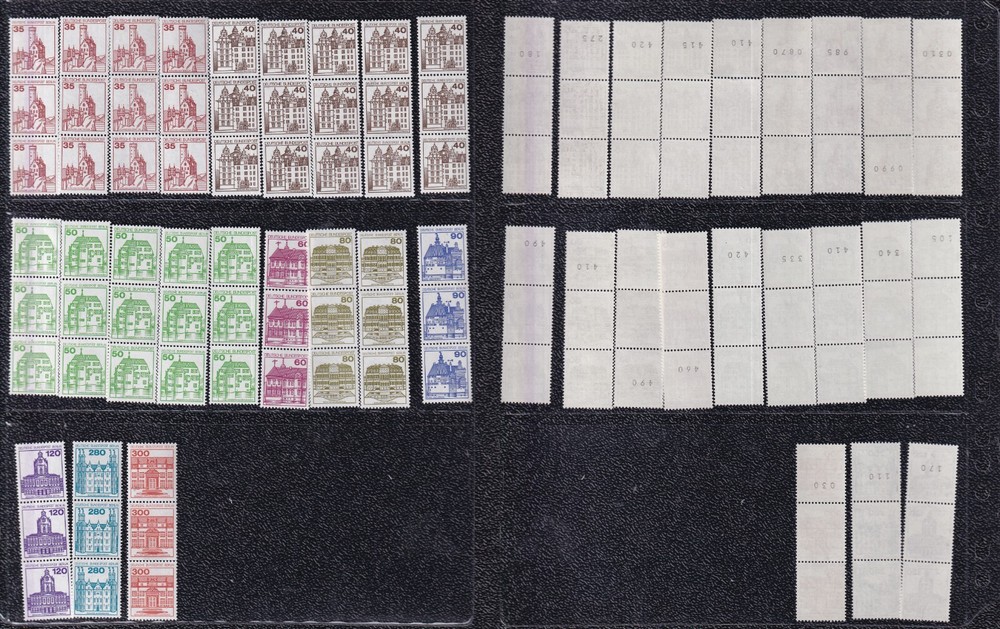 ODZ&GERMANY 21 MNH STRIPS of 3 CASTLES WITH NUMBER ON BACK 35pf-300pf 914