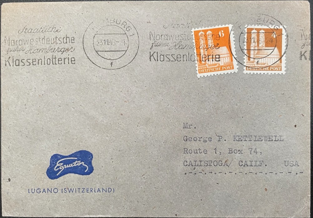 1948 Germany #635,#638 w Hamburg slogan cncl on cover to US; building *d