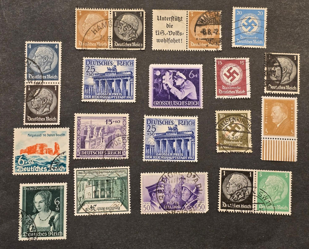 WWII Era Germany Third Reich Stamp Lot of 20 – Hitler, Swastika, Reichstag Italy