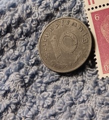 1940 German 10 Pfenning ~ km#101 , WW2 Germany ~ + 6pf. Stamp, Has Flaws