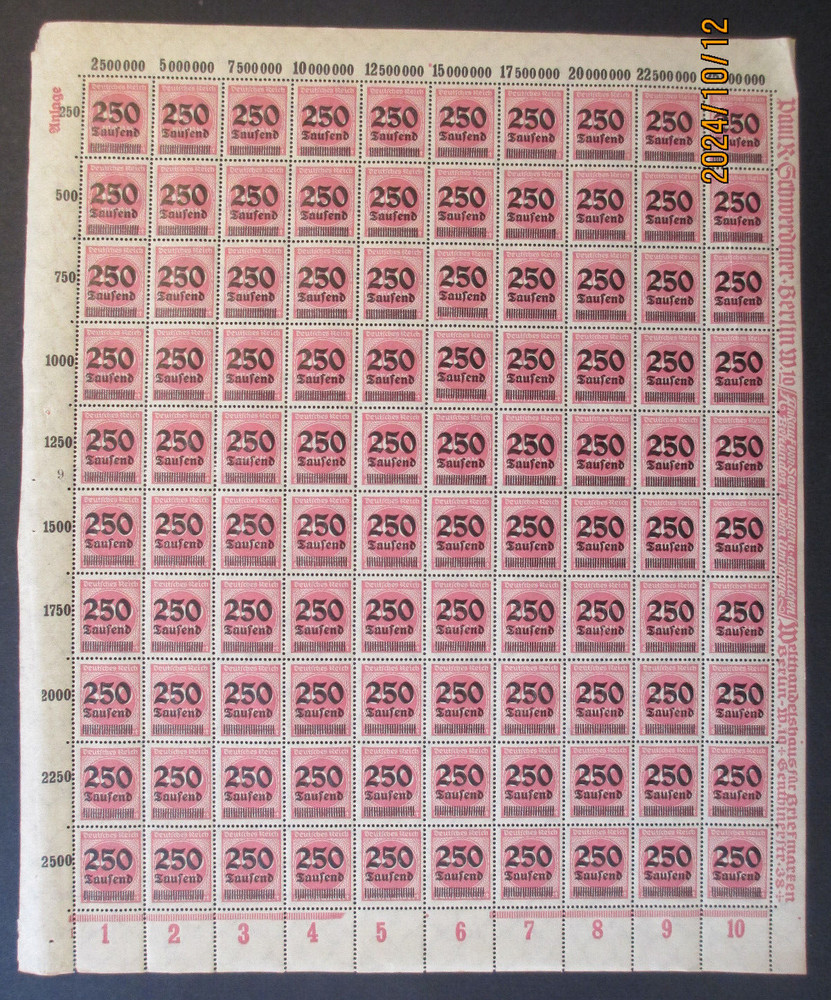 German Stamps – Third Reich Inflation complete Sheet – 1923 – 250/500M ~ MNH