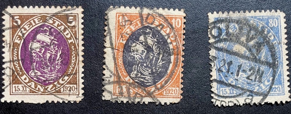 1921 Free City of Danzig Hanseatic Trading Ship 3 Historic Stamps Oliva Postmark