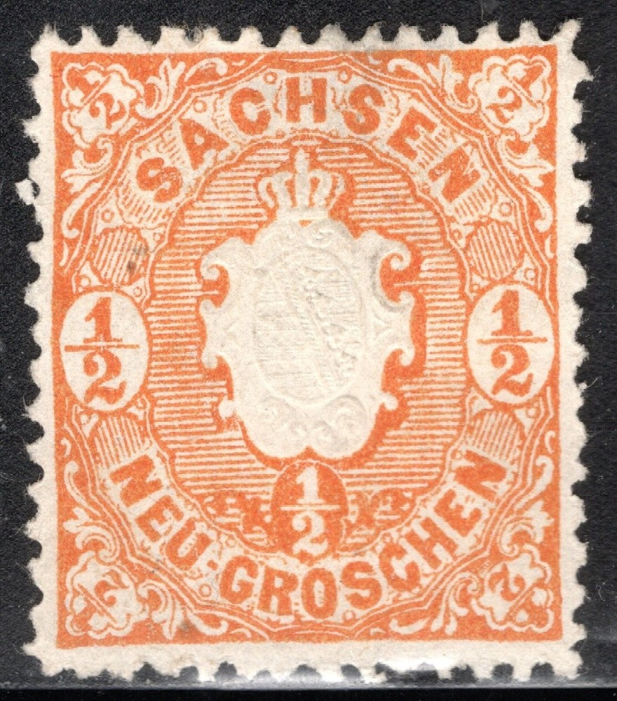 Saxony Stamp Scott #16, 1/2ng, Coat of Arms, Orange, MLH, SCV$4.00 (B)