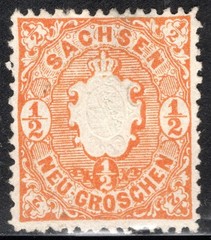 Saxony Stamp Scott #16, 1/2ng, Coat of Arms, Orange, MLH, SCV$4.00 (B)