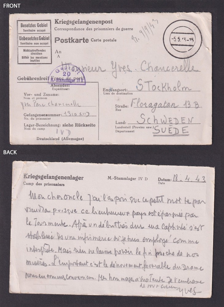 GERMANY 1943, Postcard prisoners of war to Stockholm Sweden, POW, WWII