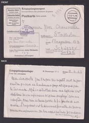 GERMANY 1943, Postcard prisoners of war to Stockholm Sweden, POW, WWII