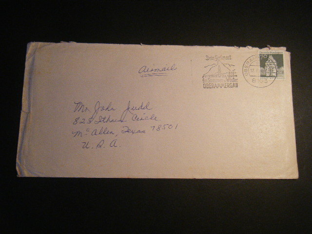 December 7 1970 OBERAMMERGAU Passion Play Machine Cancel on cover to TEXAS, USA