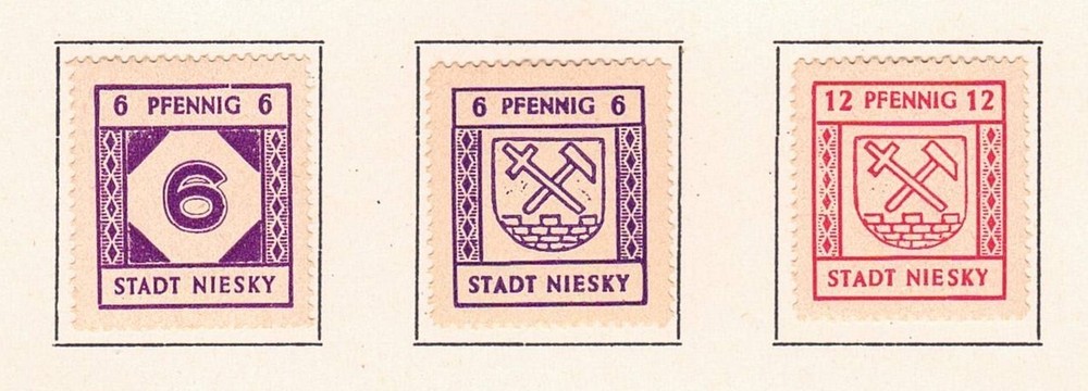 Niesky – 1945 Mi. 8-10, Numeral & City Crest issues, yellowish paper, MH