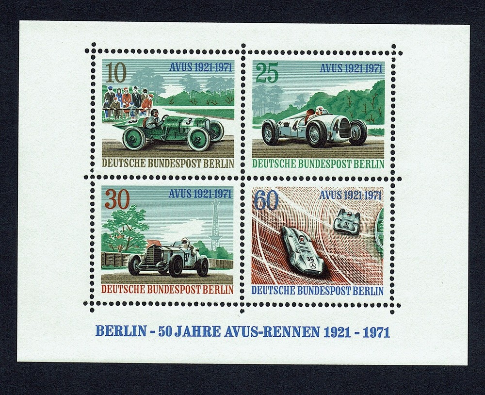 GERMANY-BERLIN – Scott# 9N315 – SG# B395 – 1971-Mini Sheet-AVUS Motor Racing-MNH