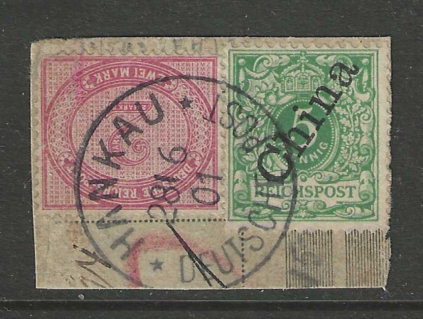 Germany 1901 offices in China 2 M forerunner & 5 Pf. stamp on piece used HANKAU