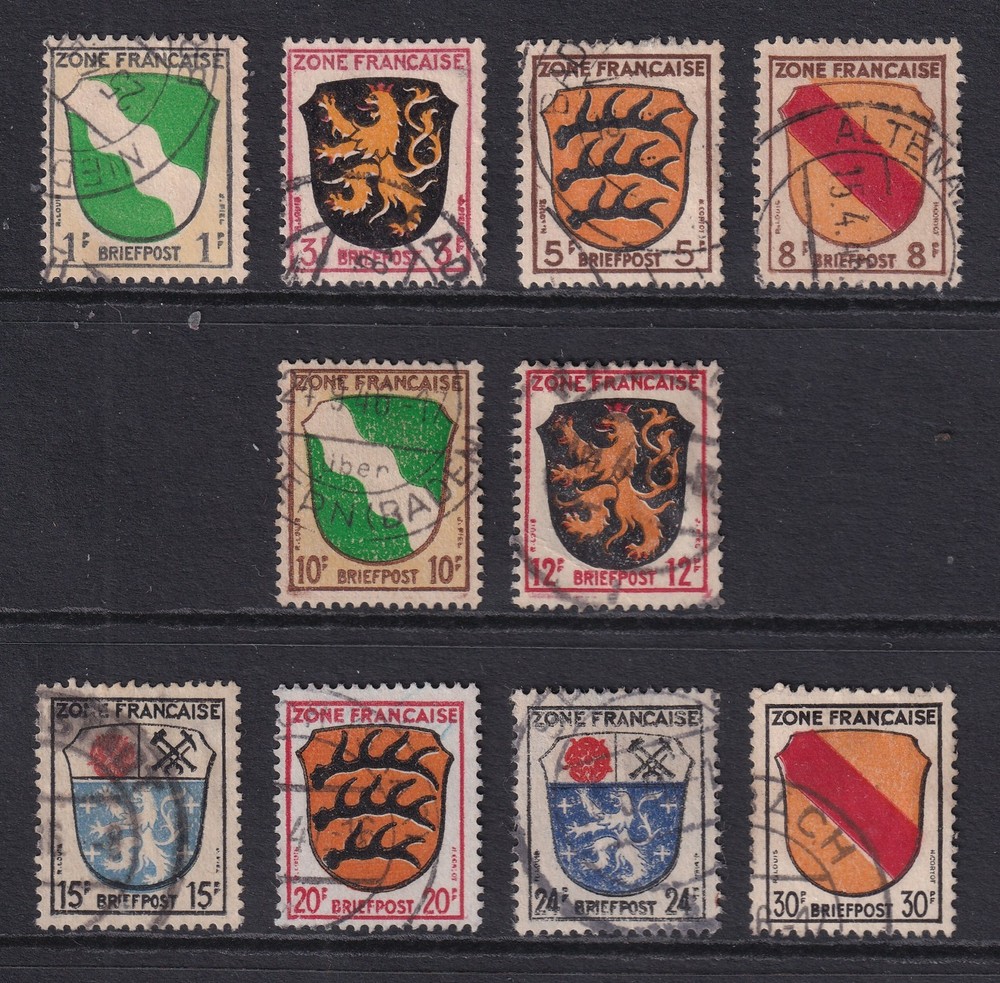 GERMANY 1945-46 French Zone Arms set of 10 SG F1-F10 Used (CV £98)