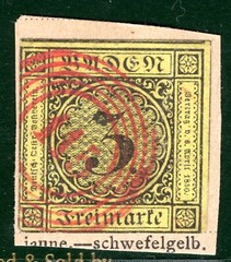 Germany States BADEN Classic 3kr (1851) Rastatt *115* RED Numeral Used ORANGE345