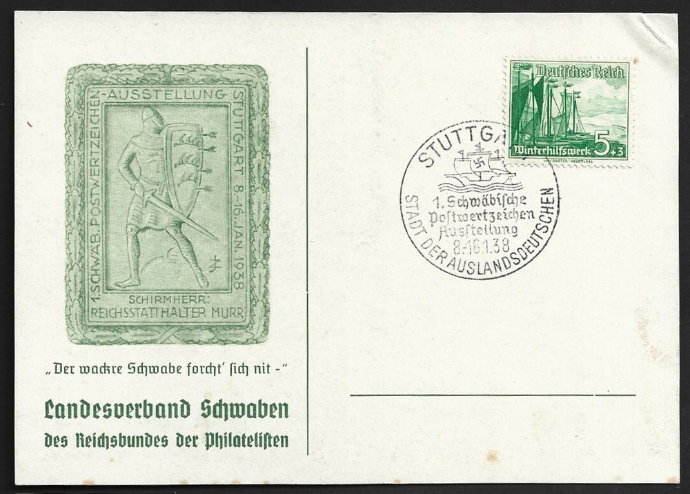 Germany 1938 pictorial 5pf+3pf commemorative pc Special Stuttgart Ship cancel