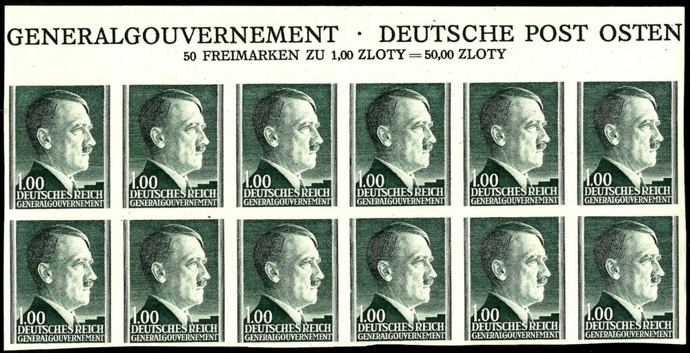III REICH, GENERALGOUVERNEMENT, ADOLF HITLER, 100 GR., UNPERF., BLOC OF 12, MNH