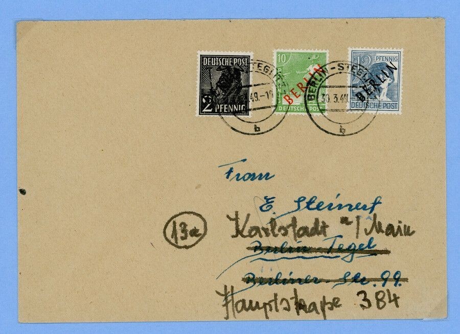 Berlin mixed franking, black and red overprint, Berlin Steglitz 1949