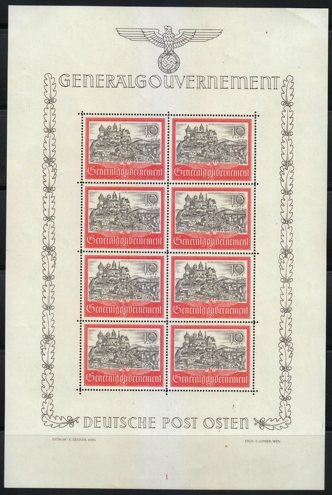 Poland Occupation 1941 MNH Mi 65 Kleinbogen KLB Plate 1 Sc N73 Cracow Castle **