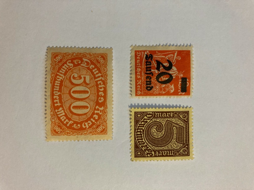Three Deutsches Reich Stamps 5, 500, 20 over print German