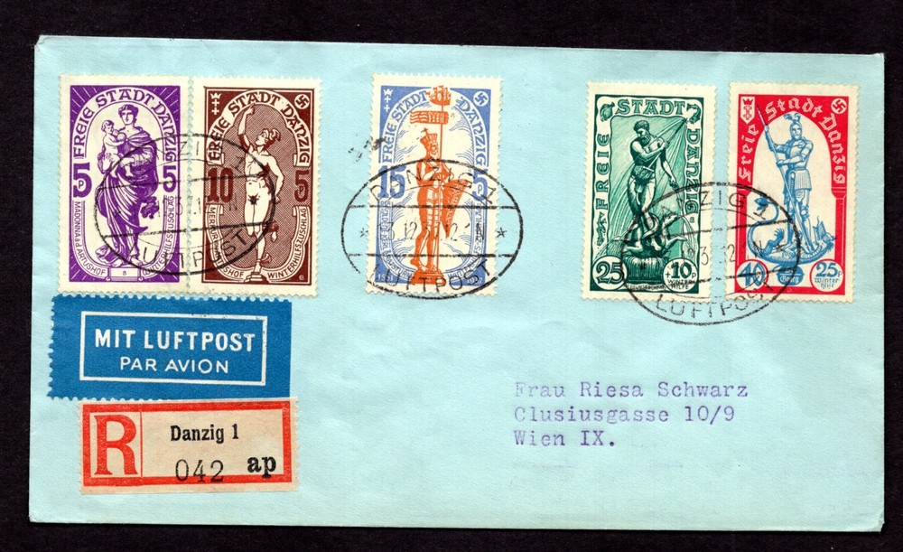 GERMANY DANZIG 1937 WELFARE SET OF 5 ON FDC REGISTERED AIRMAIL DANZIG TO VIENNA