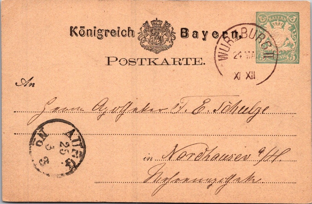 GERMANY 1878 BAYERN POSTAL HISTORY STATIONERY POSTCARD ADDR CANC WURZBURG