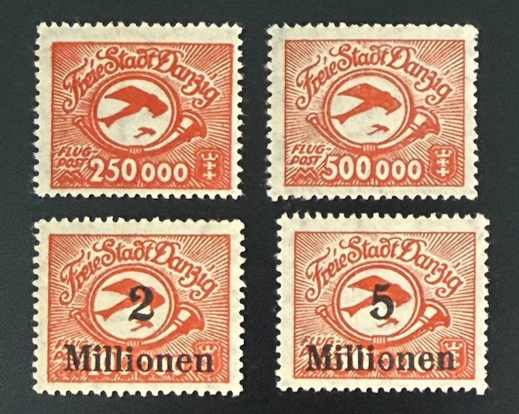 Germany, DANZIG, Poland 1923 Air Mail Sc C22-C25 Cpl Set Mint Light Hinged (*)