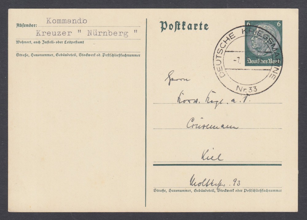 Germany, 1938 Postal Card, Kommando Kreuzer Nürnberg, Kriegsmarine Nr. 33 11