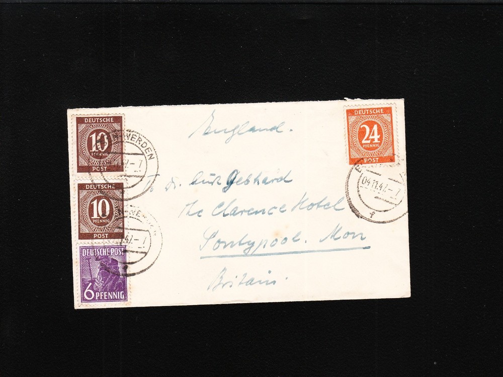 Germany Postwar 1947 Essen Werden Pr. 10p 24p 6p To England Unknown Auxiliary 2z