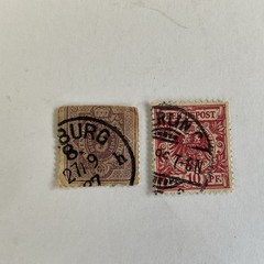 2 Germany stamps~1875-#30~5pf~Pfennige~violet+1889~#48~10pf~eagle~carmine