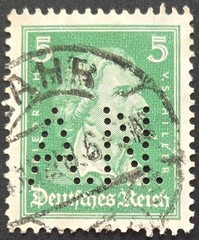 Germany – 1926 Scott #360 – Friedrich Schiller 5 Pfennig – „A.N.“ PERFIN – Stamp