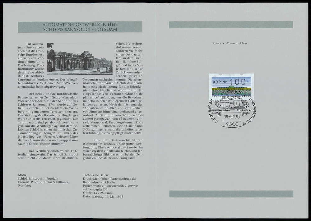 GERMANY FOLDER 1993/A ATM AUTOMATENMARKEN MACHIN STAMPS SCHLOSS SANSSOUCI