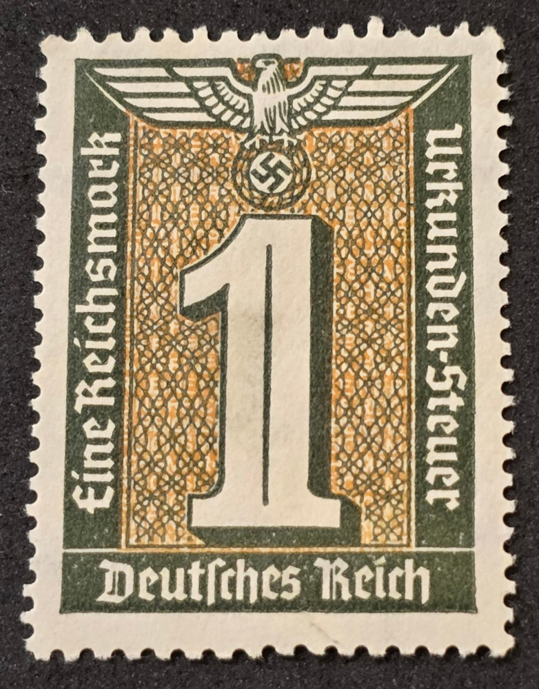 WW2 Nazi German Third Reich One Reichsmark RM Fiscal Stamp w Swastika Eagle