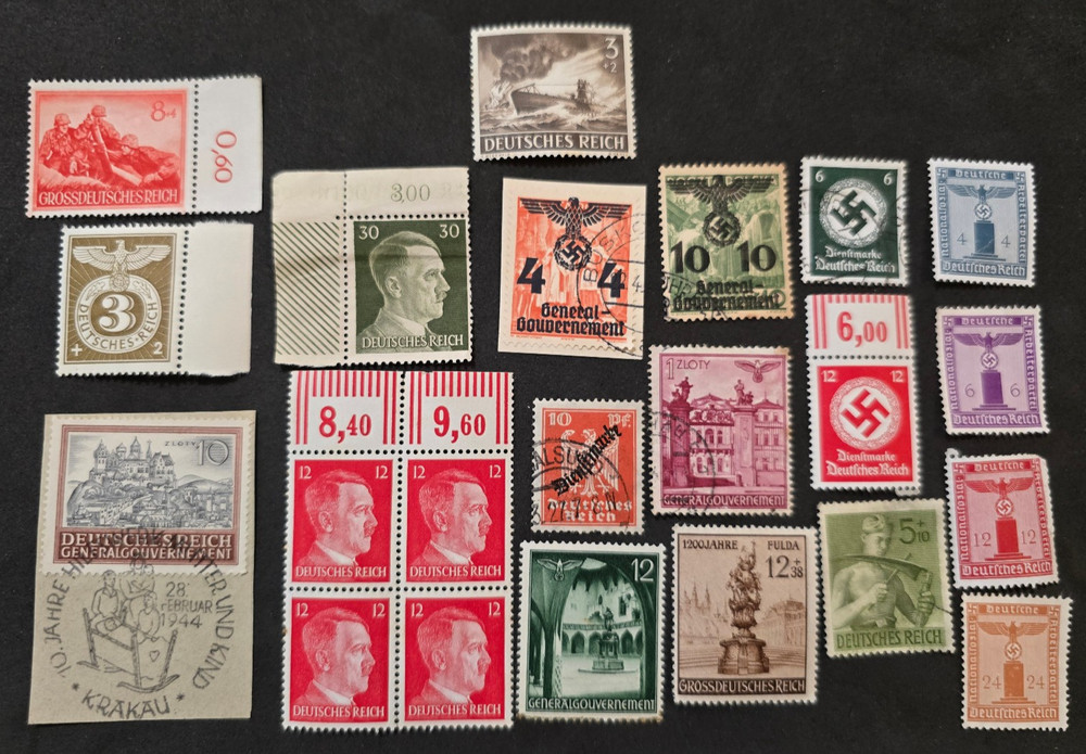 Lot of 22 German Hitler + Swastika Stamps & Paper Items Third Reich WWII Era