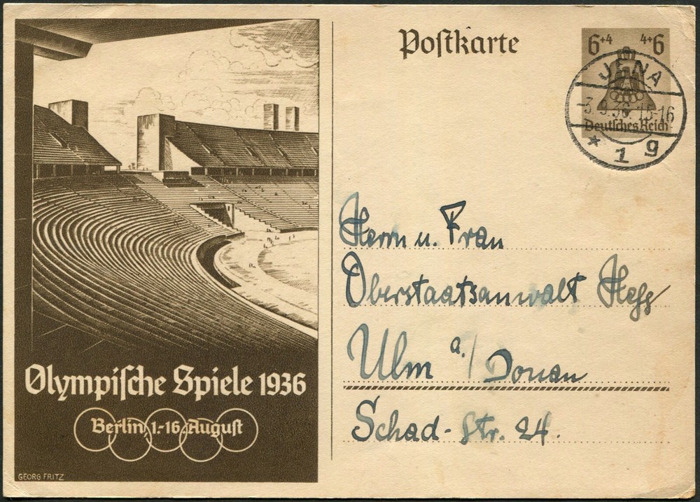 Germany Thuringia Jena Stationery Olympic Postal Card to Ulm Donau 1936 Europe